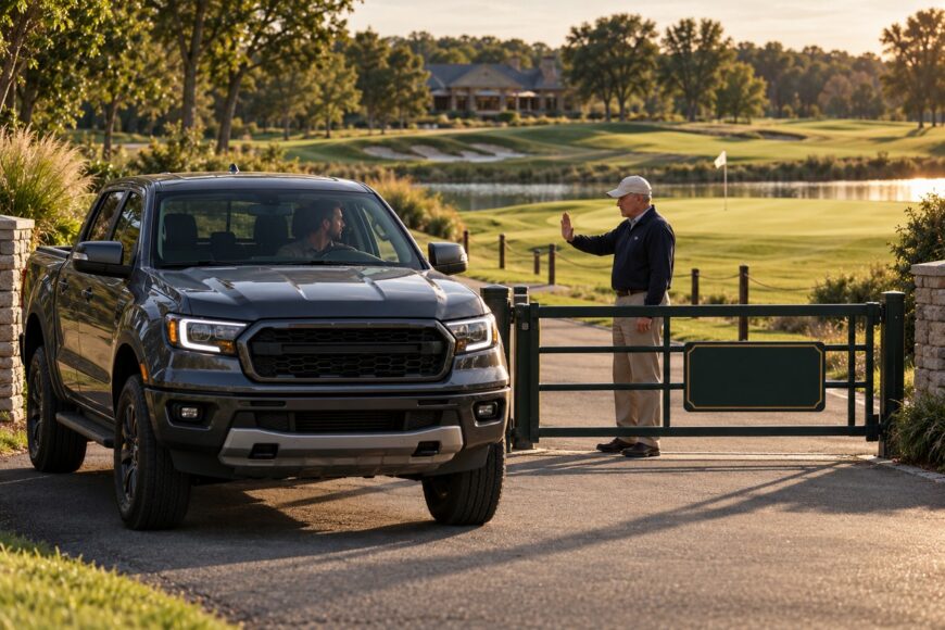 A dark Ford Ranger pickup truck parked at the entrance gate of a scenic golf course while a man in a cap gestures