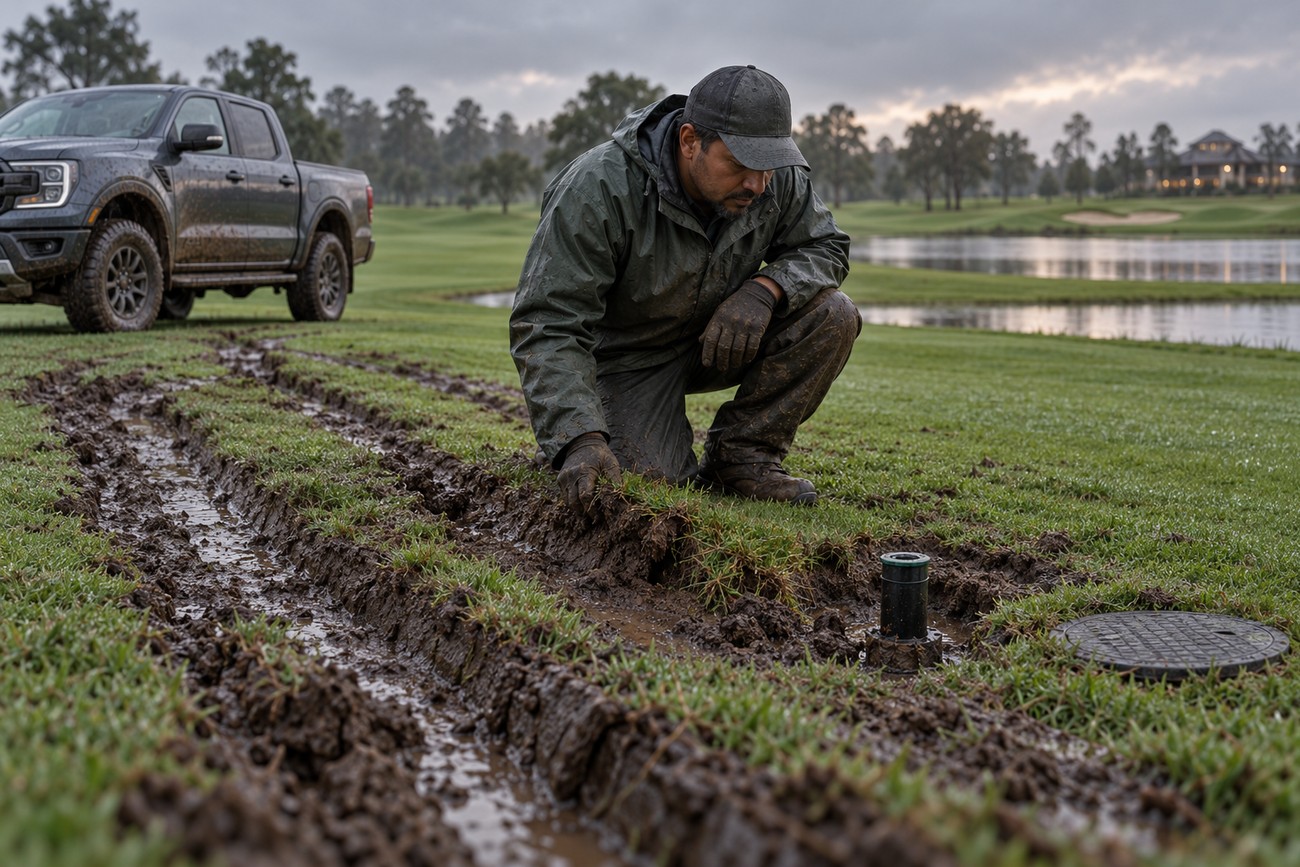 A man inspects deep muddy tire tracks left by a Ford Ranger on a golf course