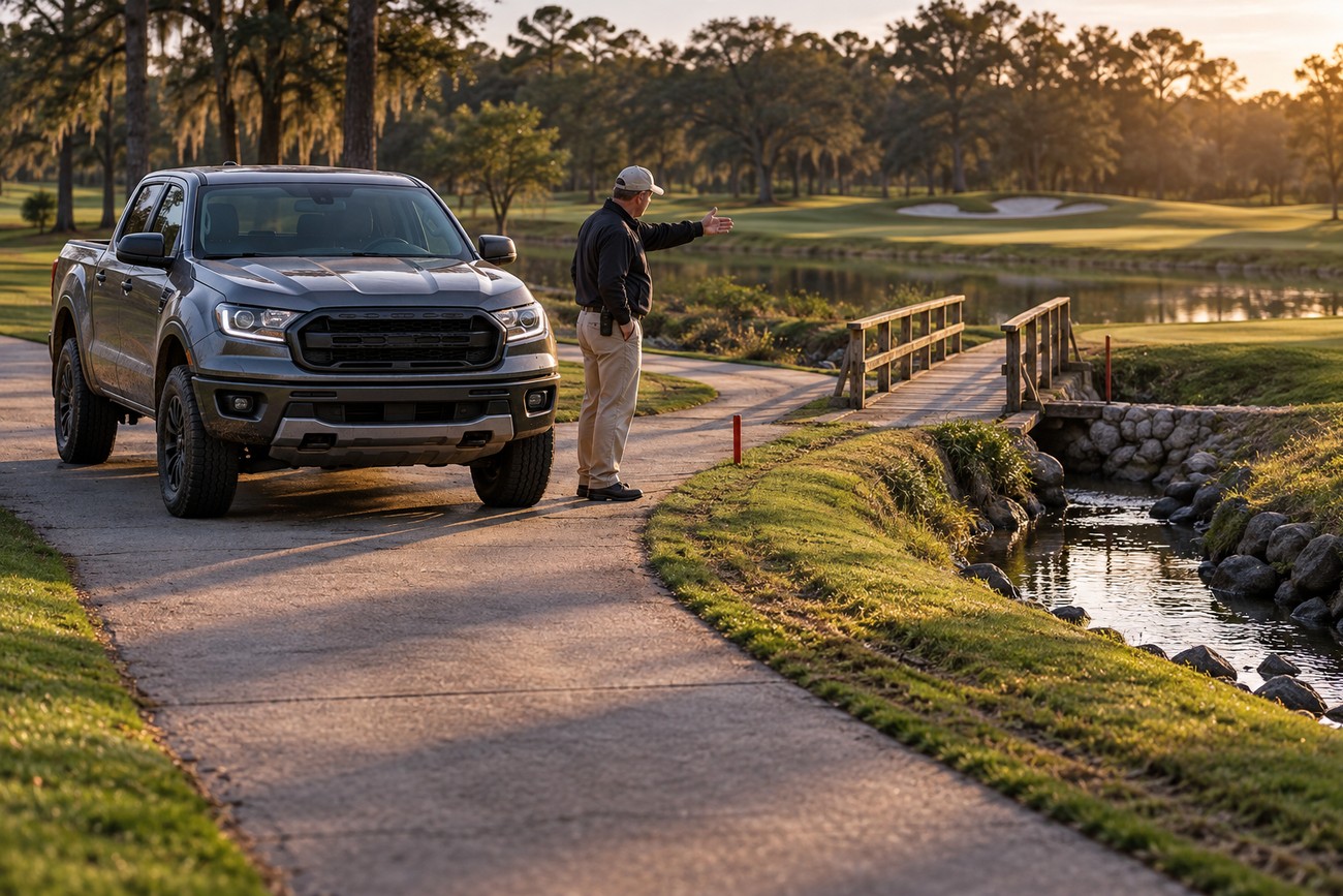 A dark Ford Ranger parked on a scenic golf course path with a man gesturing nearby