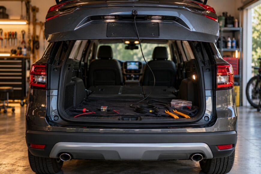 Open trunk of a dark car parked in a garage with a backup camera wire and installation tools inside