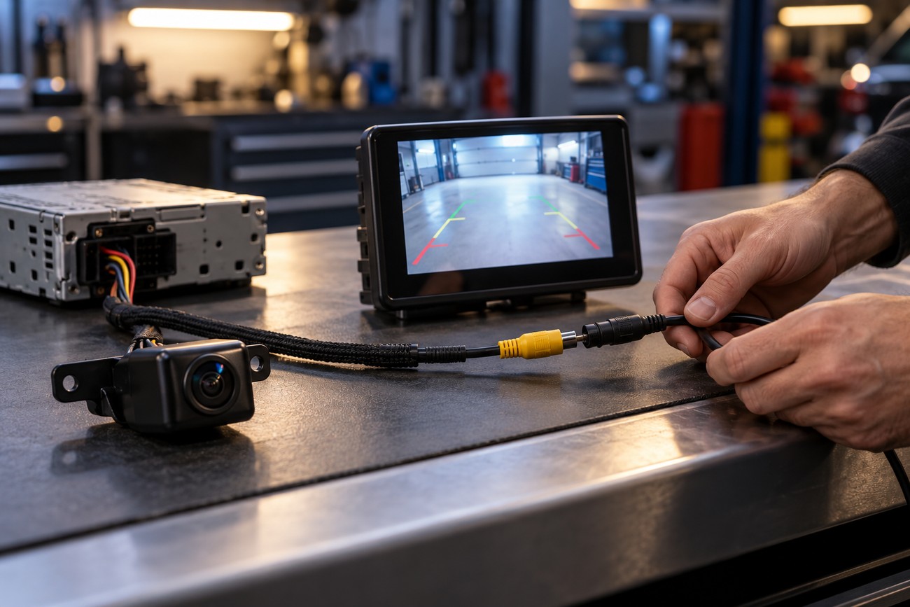 Mechanic connecting the video cables of a backup camera setup next to a display screen on a workbench