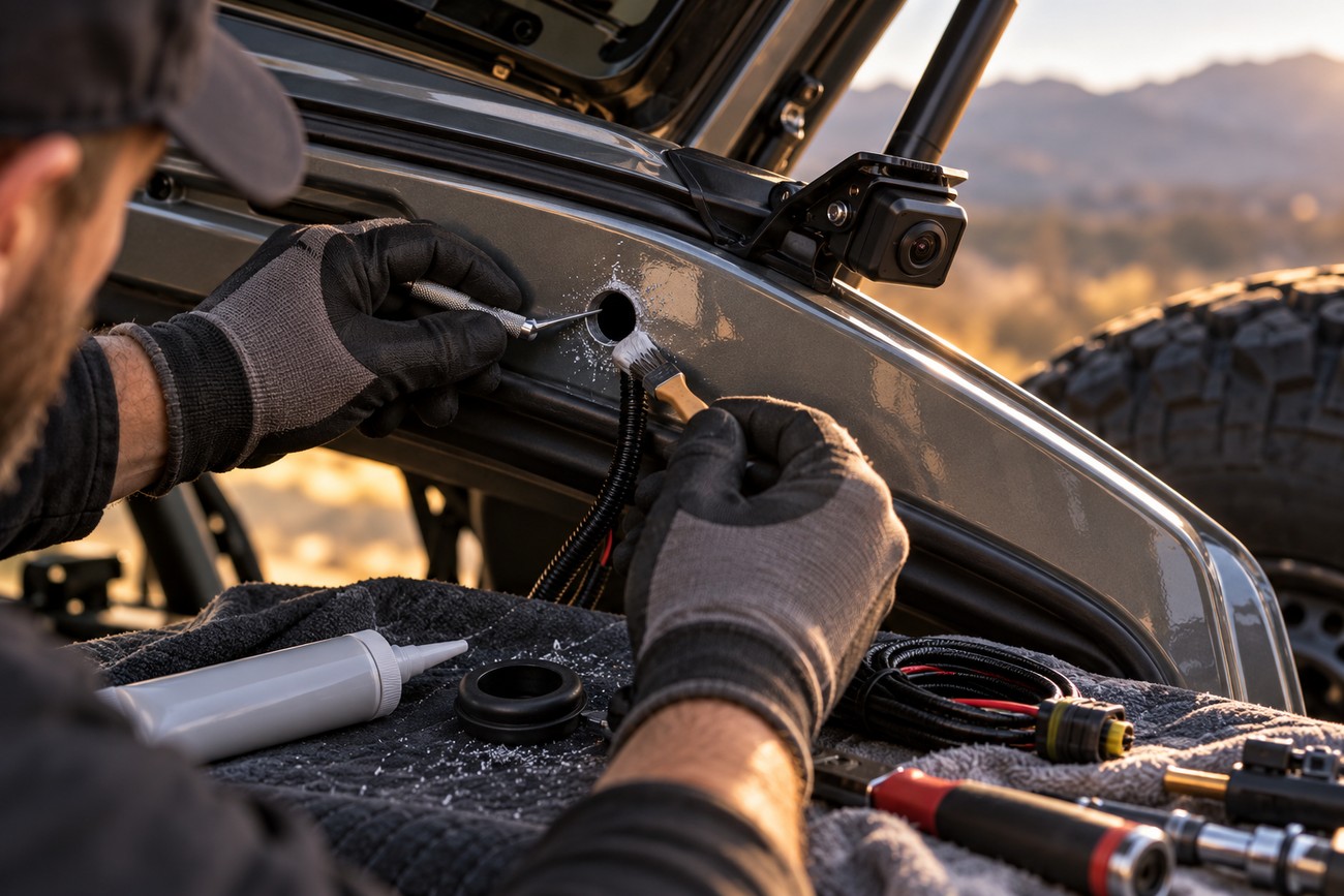 A mechanic wearing gloves prepares a drilled hole for installing a backup camera on a car body