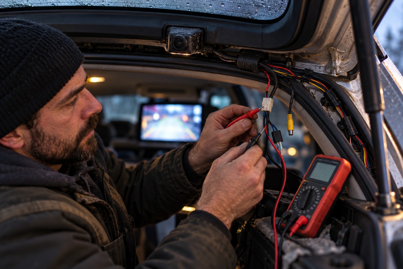 A mechanic in a beanie uses a multimeter to check wiring for a car backup camera