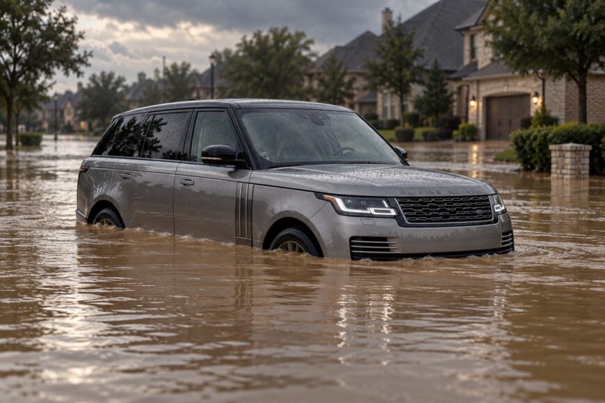 A grey luxury Range Rover submerged up to its wheels in muddy floodwater on a suburban street