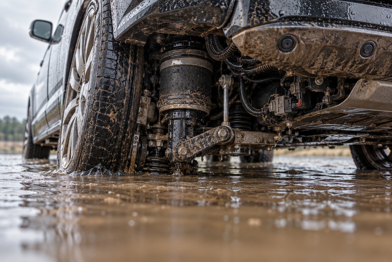 Detailed low angle view of a Range Rover muddy suspension and tire standing in flood water