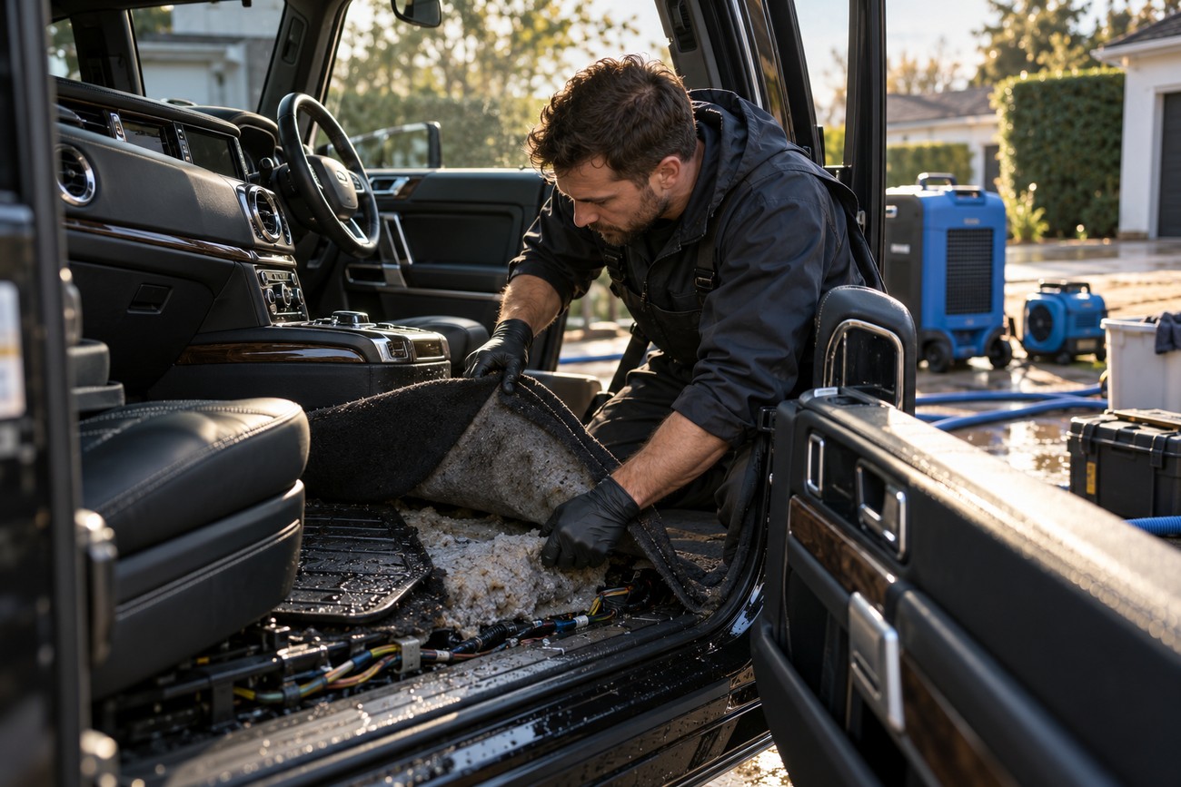 A technician wearing black gloves inspects and removes water-damaged wet carpet from the interior of a Range Rover after a flood