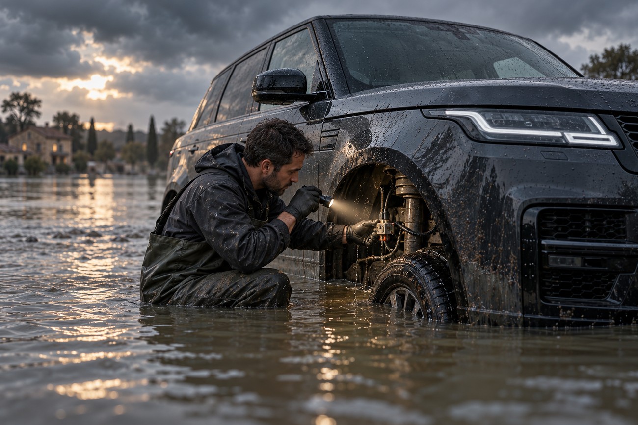 A man in waterproof waders crouching in flood water and inspecting a black Range Rover wheel well with a flashlight