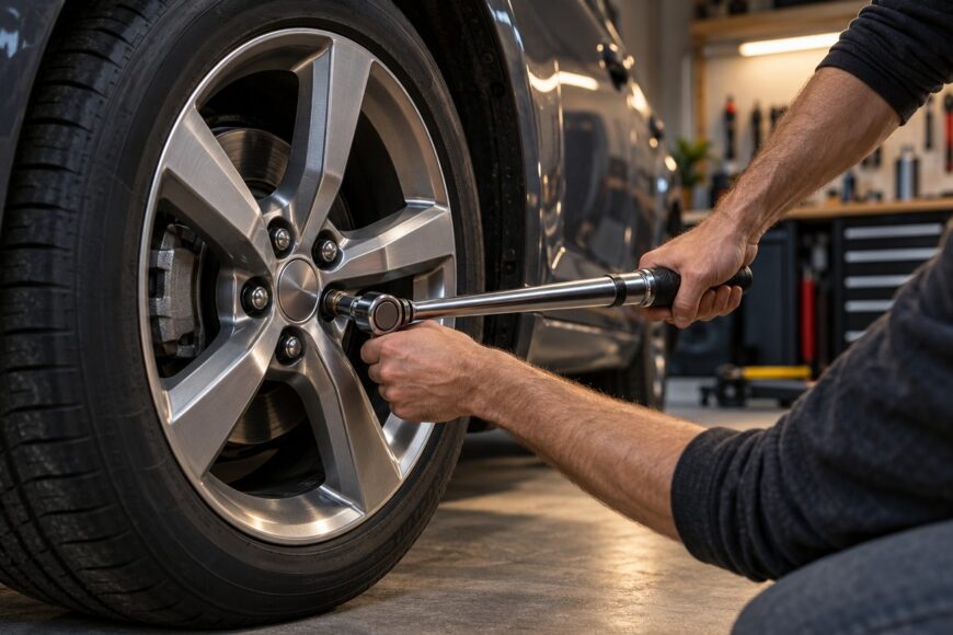 Mechanic using a torque wrench to tighten lug nuts on a car alloy wheel in a workshop
