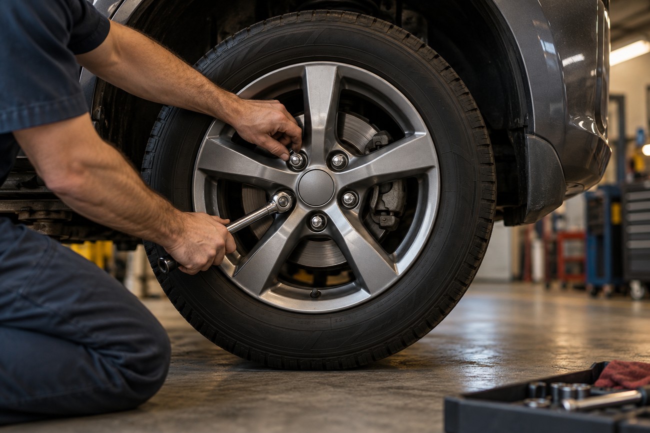 Mechanic using a ratchet wrench to tighten lug nuts on a car wheel in an auto repair shop