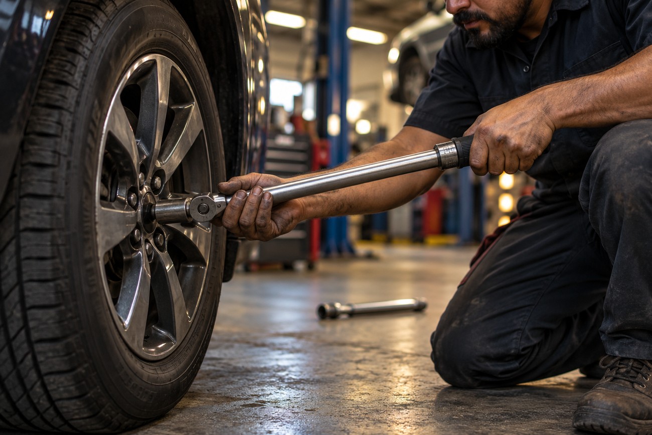 Mechanic kneeling by a car tire in a repair shop and tightening lug nuts with a torque wrench