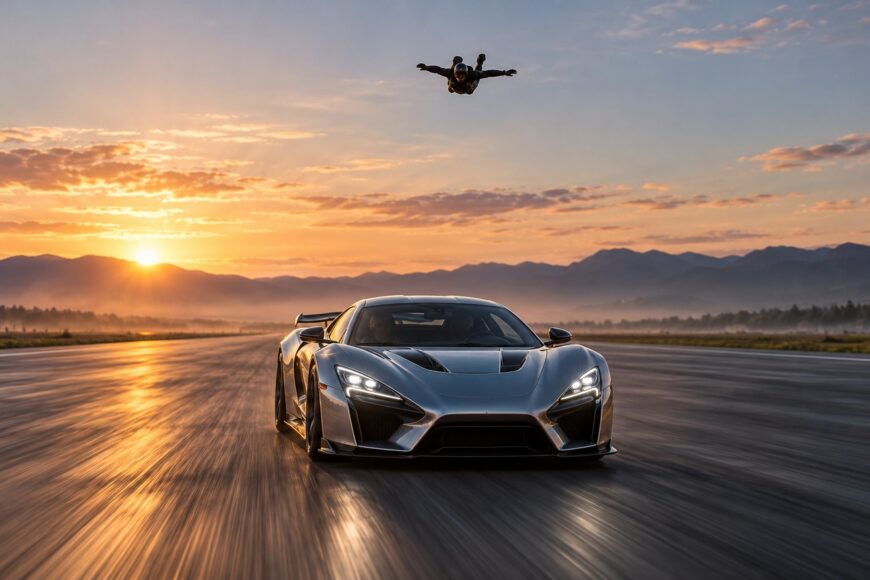 A silver Rimac Nevera electric supercar accelerating on a runway with a skydiver falling in the sky above at sunset