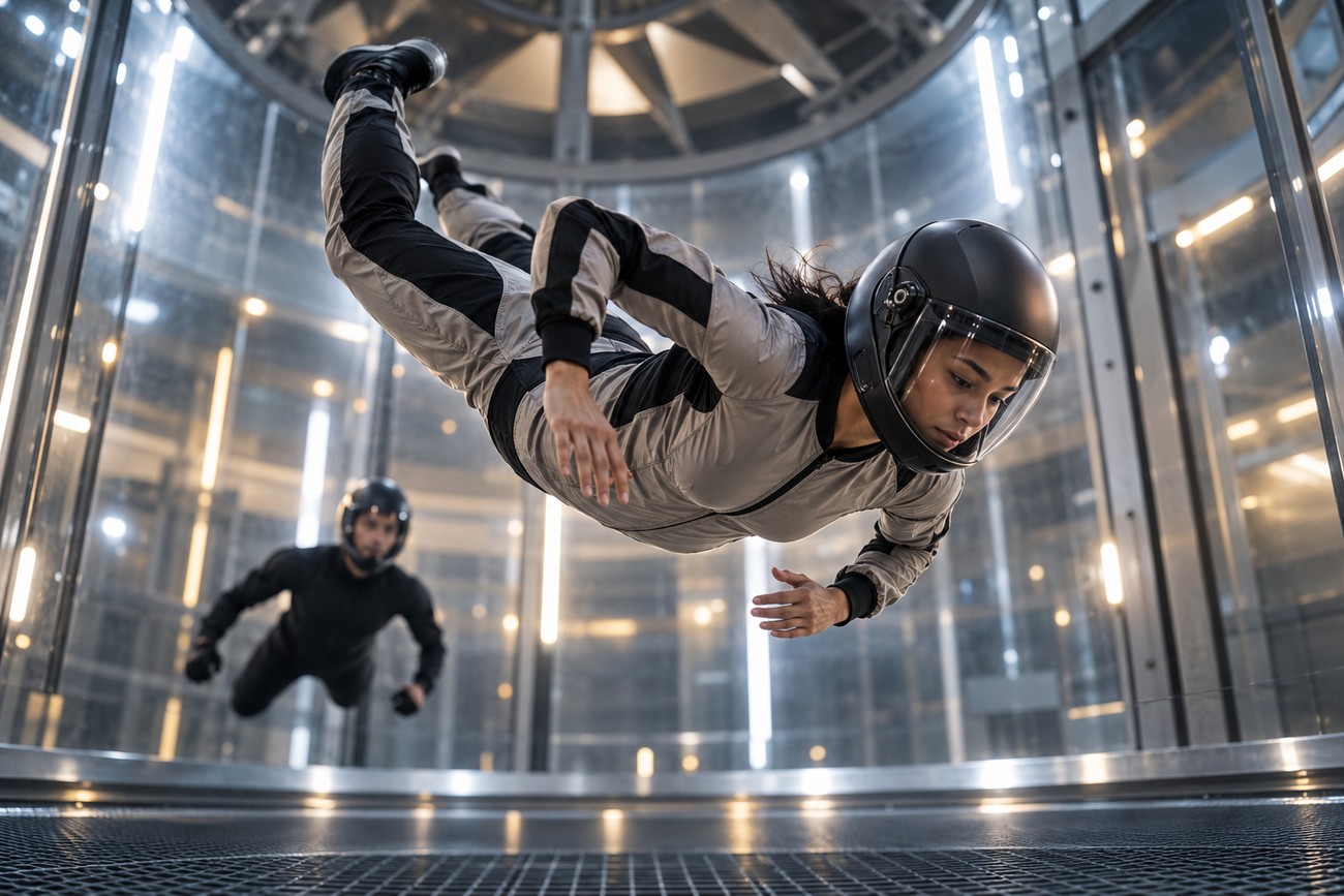 A female skydiver in a flight suit and helmet floating inside a vertical wind tunnel