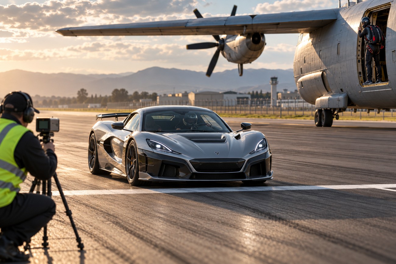 A silver Rimac Nevera hypercar on an airfield runway next to a cargo plane with a skydiver in the doorway
