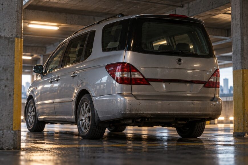 Rear view of a silver SsangYong Rodius MPV parked in a concrete underground parking garage with overhead lighting