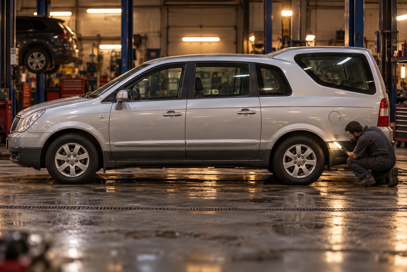 A mechanic kneeling and inspecting the rear bumper of a silver SsangYong Rodius MPV inside a brightly lit service garage