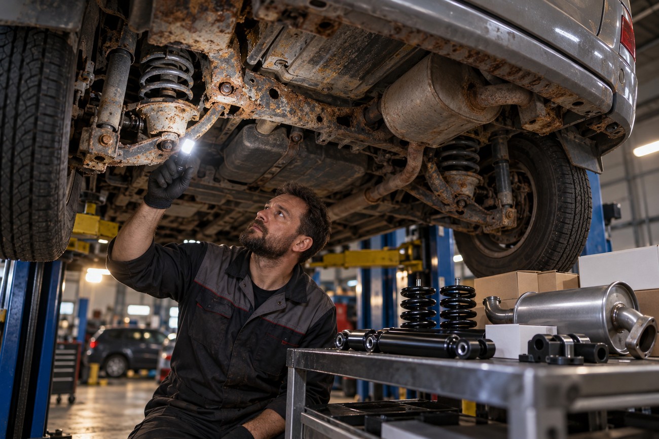 Mechanic holding a flashlight inspecting severe rust on the undercarriage and suspension of a SsangYong Rodius MPV in a garage