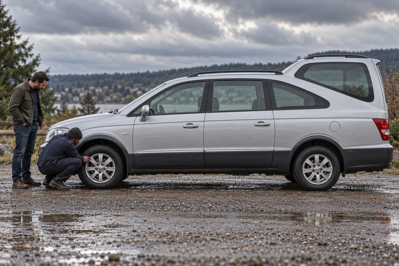 Two men examining the front wheel of a silver SsangYong Rodius MPV parked outdoors near a lake