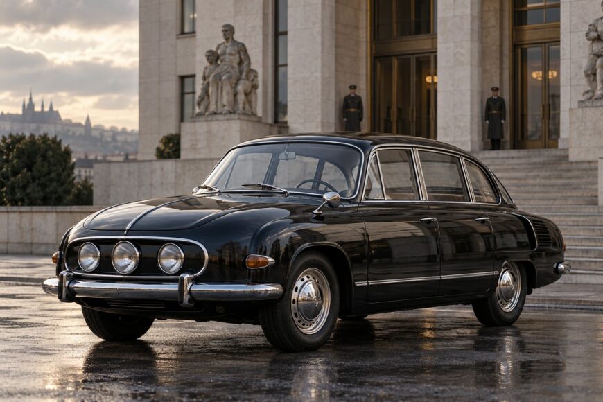 A sleek black Tatra 603 luxury sedan parked on a wet stone square in front of a grand official building