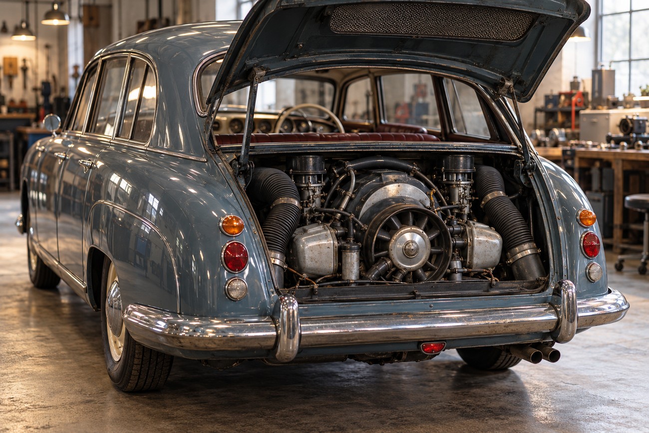 Rear view of a blue vintage Tatra 603 limousine with the engine compartment open displaying the air-cooled V8 engine in a garage