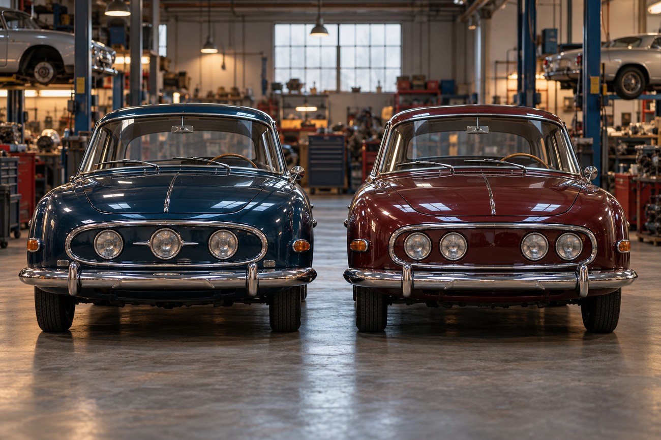 Two classic Tatra 603 luxury sedans in dark blue and deep red parked side by side inside a vintage car workshop