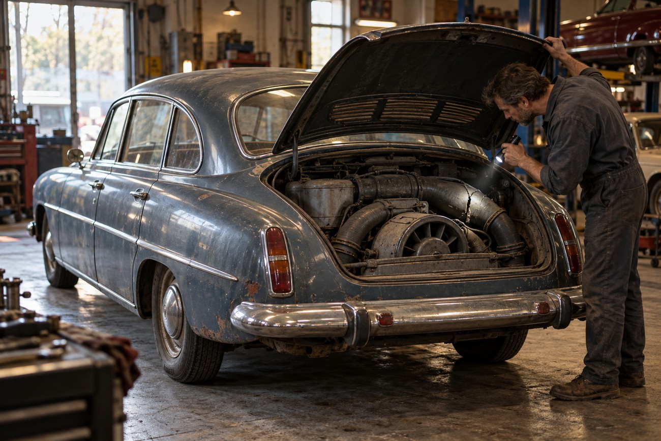 A mechanic in a workshop inspecting the rear air-cooled V8 engine of a vintage blue Tatra 603 with a flashlight