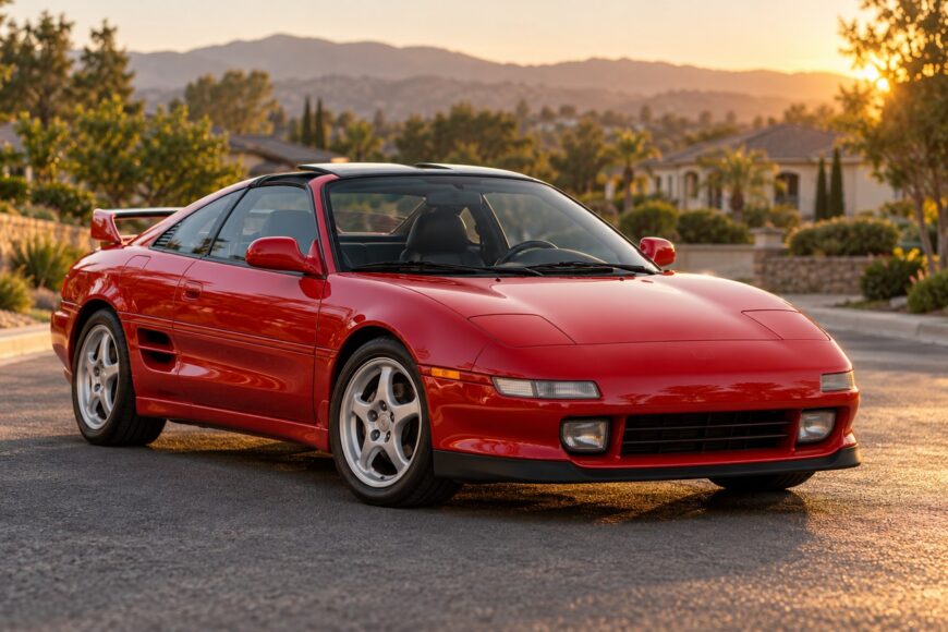 Bright red Toyota MR2 Turbo sports car parked on a suburban street during a warm sunset