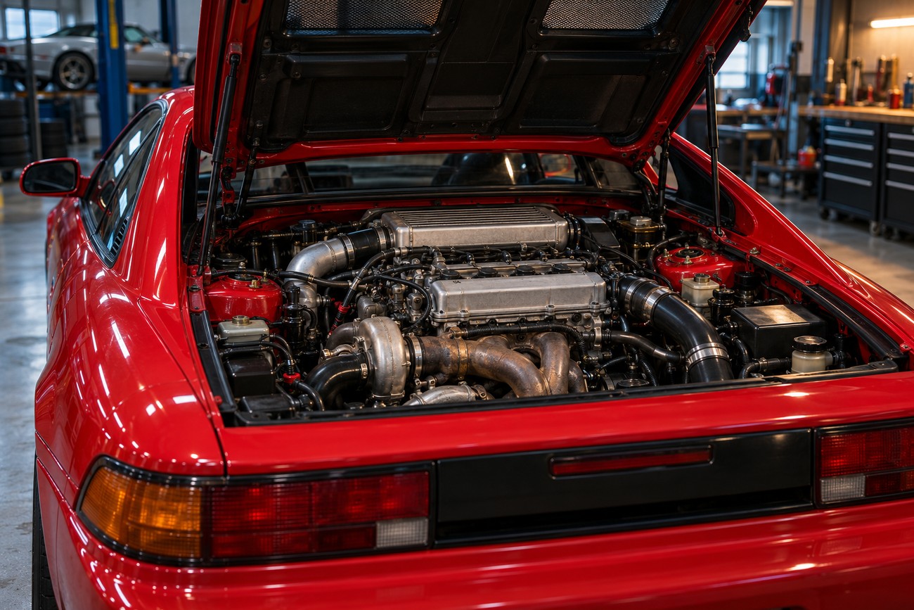 Open rear engine hood of a red Toyota MR2 Turbo revealing the turbocharged motor inside a garage
