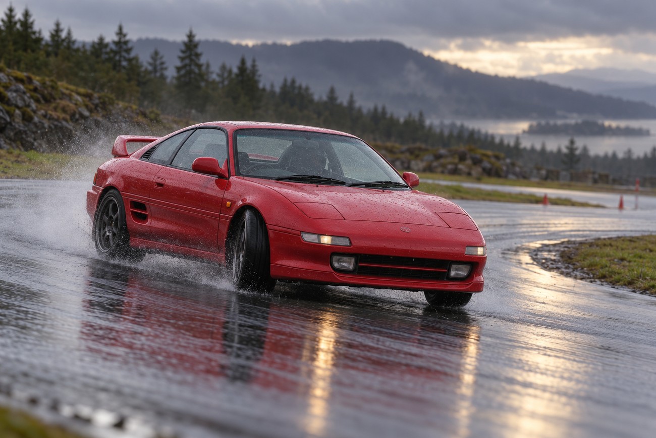 Red Toyota MR2 Turbo sports car driving on a wet winding road creating water splashes