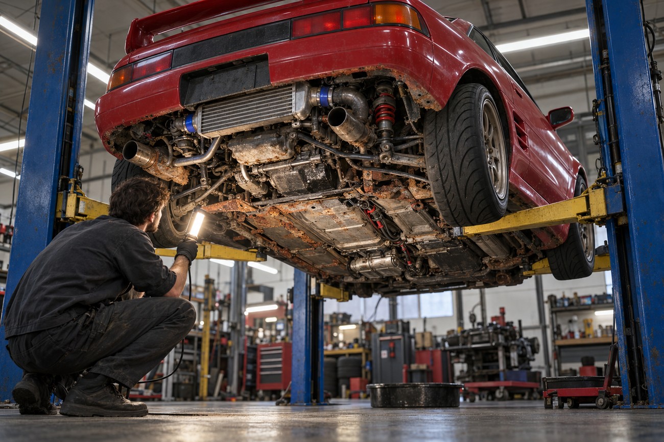 Mechanic with a work light inspecting the rusty undercarriage of a red Toyota MR2 Turbo lifted in a garage