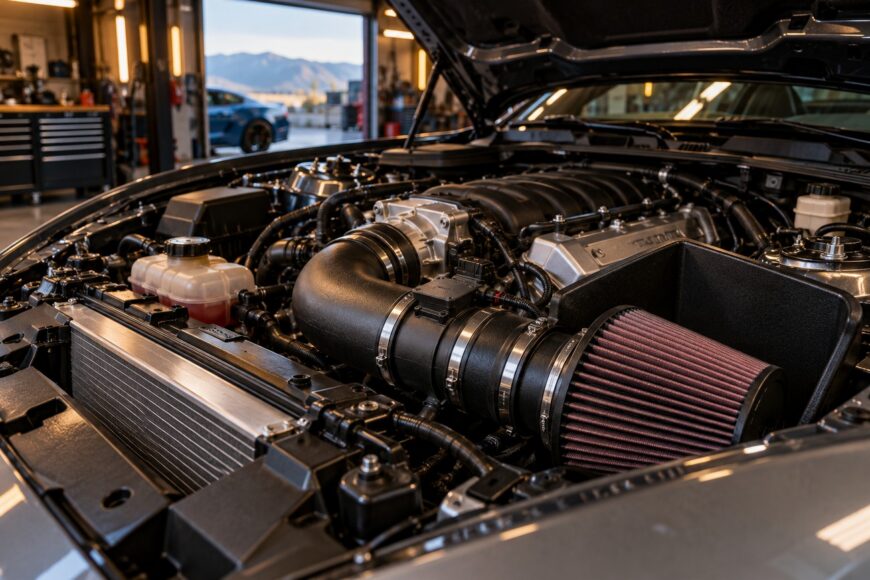 An aftermarket cold air intake system with a purple conical air filter installed inside a car engine bay in a garage