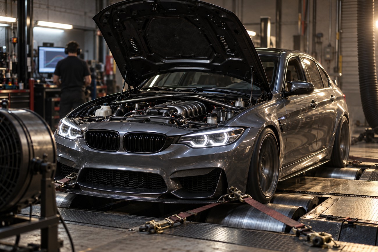 Modern sports car secured on a chassis dynamometer with open hood inside a tuning garage