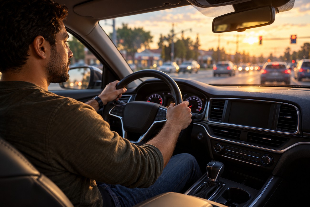 A man driving a car holding the steering wheel while navigating through evening traffic during sunset