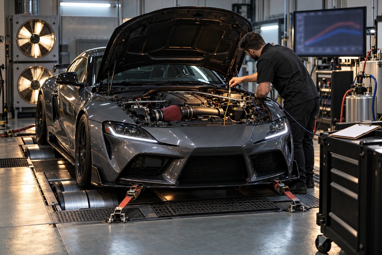 A technician checking the engine bay of a sports car mounted on a dyno rollers in a professional tuning shop