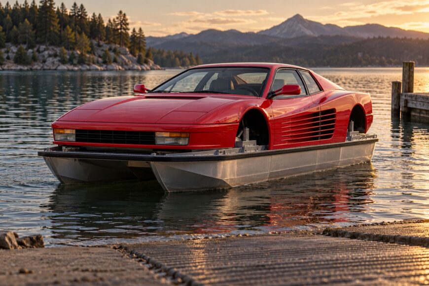 A red Ferrari Testarossa mounted on a metal pontoon structure floating on a scenic alpine lake at sunset