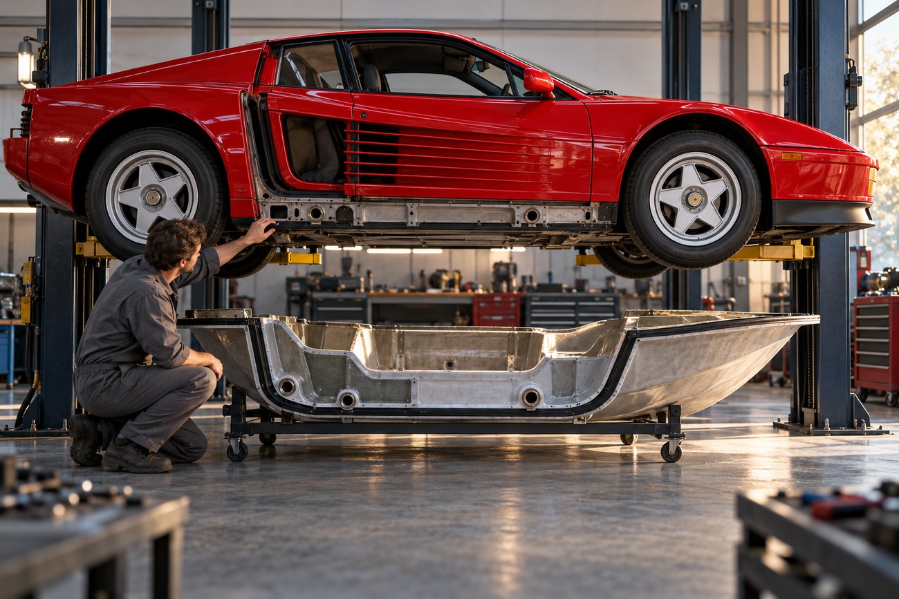 A mechanic in a garage inspects a lifted red Ferrari Testarossa chassis positioned directly above a custom-built metal boat hull