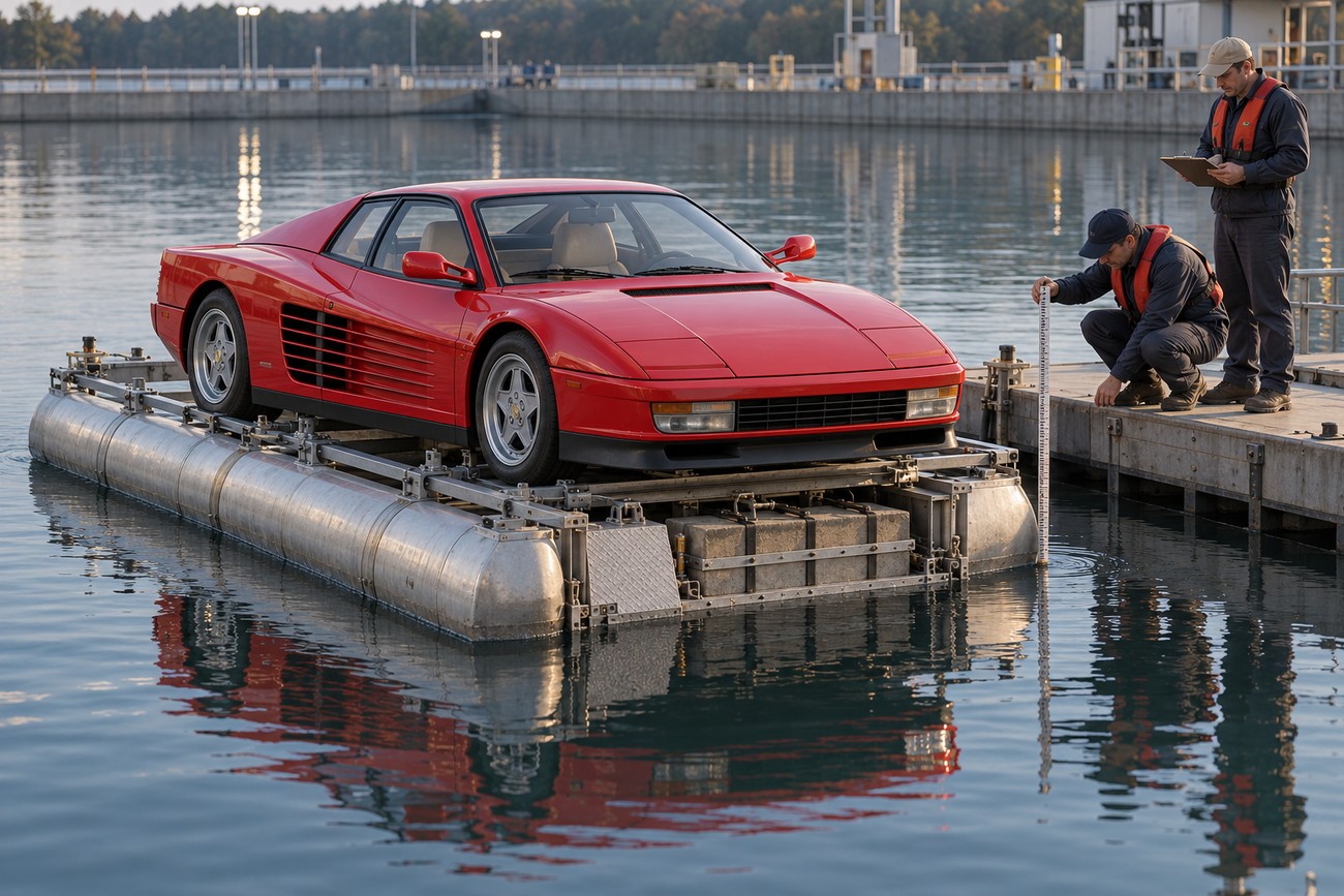 Two engineers in life vests inspecting a red Ferrari Testarossa on a floating pontoon platform in a water basin