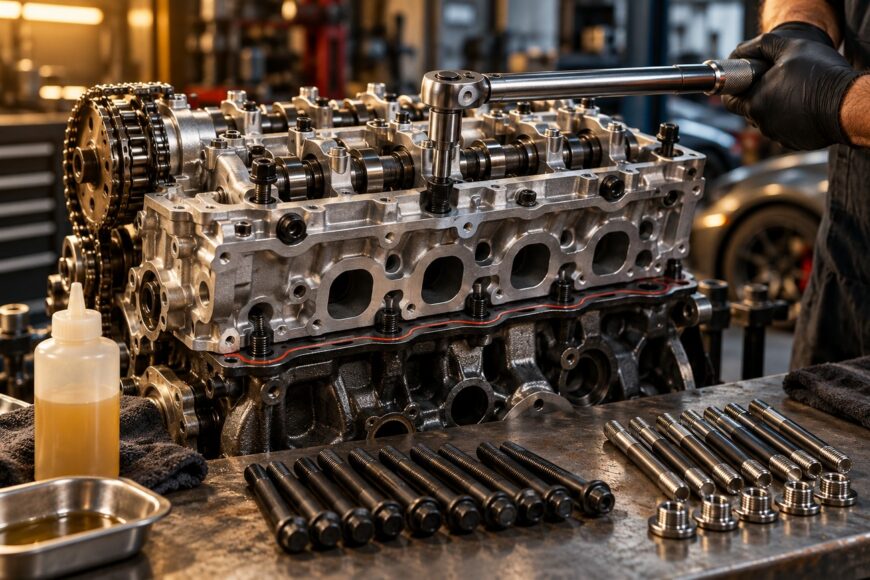 Mechanic using a torque wrench to tighten cylinder head bolts on an engine block in a workshop