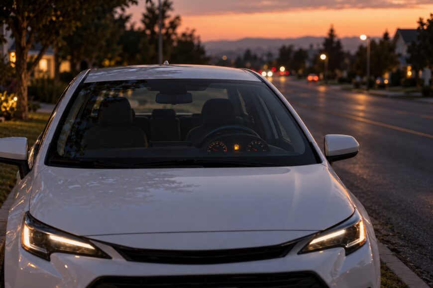 Front view of a white Toyota Corolla parked on a suburban street at sunset with the low fuel warning light glowing on the instrument cluster