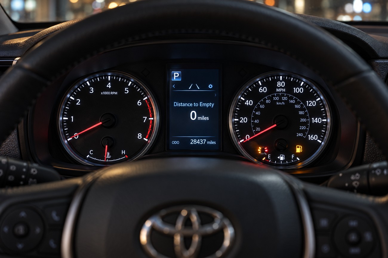 Toyota Corolla instrument cluster showing zero miles to empty and a glowing low fuel warning icon