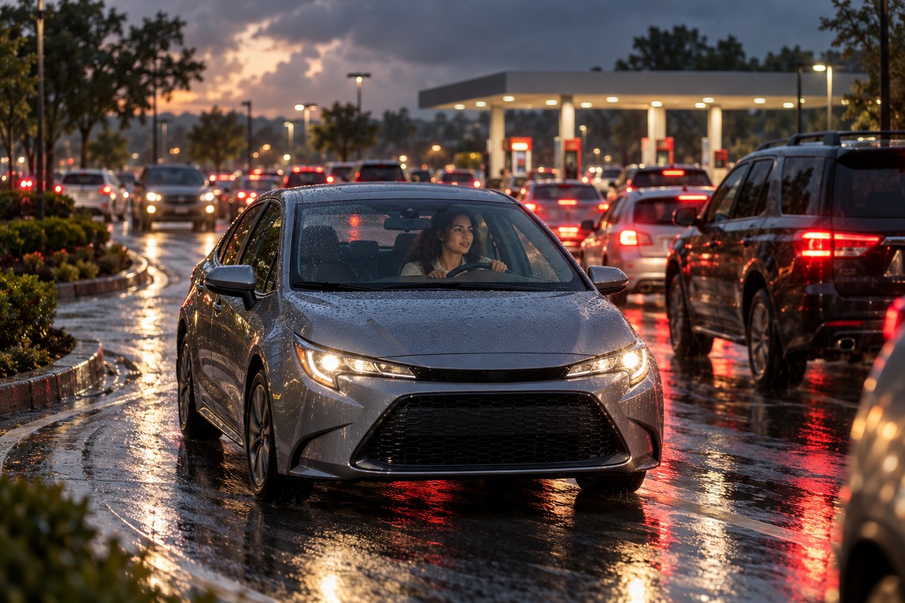 A woman driving a silver Toyota Corolla in slow traffic near a gas station at dusk