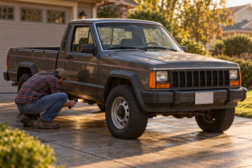 A man crouching next to a classic dark gray Jeep Comanche pickup truck in a residential driveway during sunset