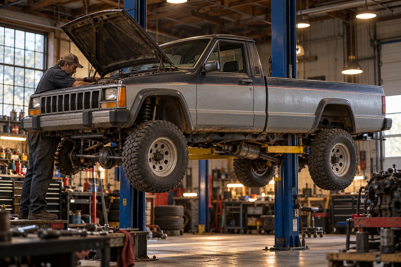 Mechanic working on the open engine bay of a Jeep Comanche truck lifted on a hoist in a repair shop