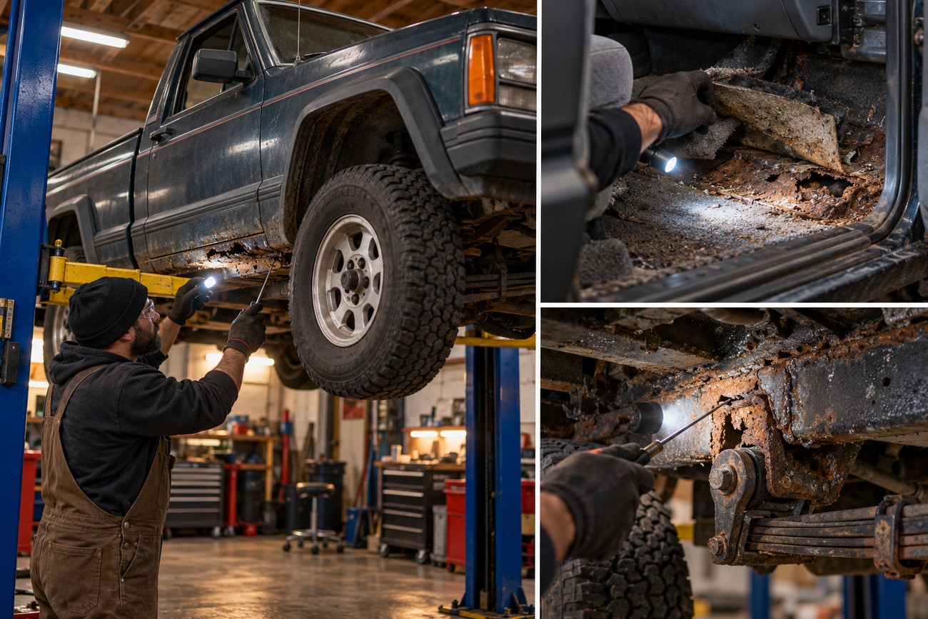 Mechanic using a flashlight to inspect heavy rust and corrosion on the frame and floorboard of a Jeep Comanche pickup truck