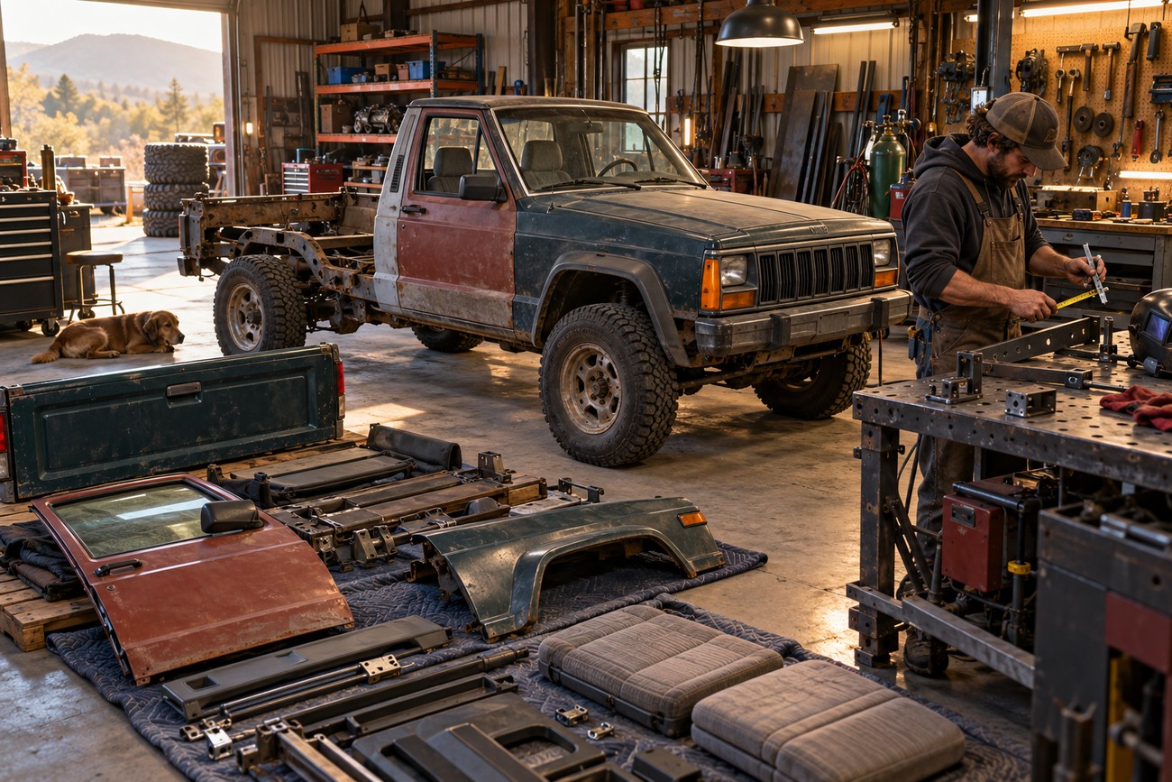 A mechanic measures metal parts at a workbench next to a partially disassembled Jeep Comanche pickup truck inside a rustic garage
