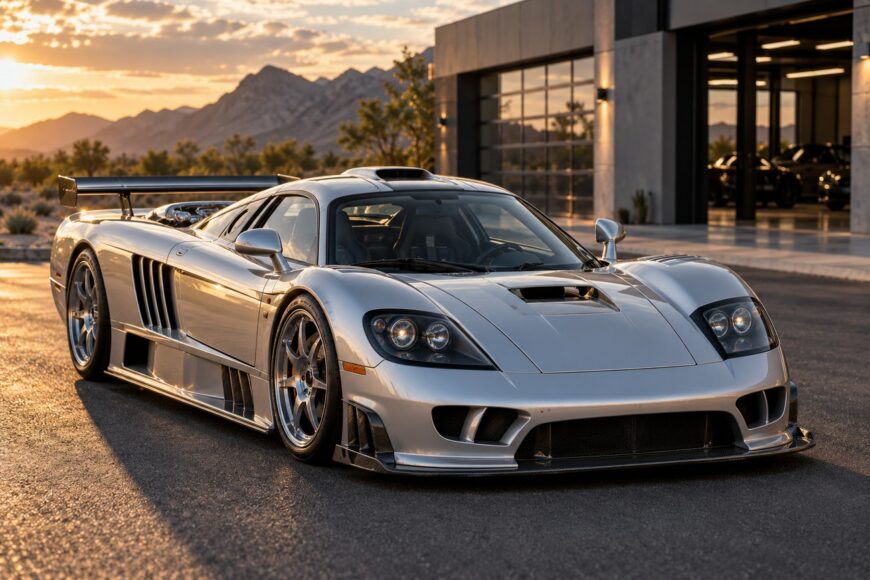 A silver Saleen S7 supercar parked on an asphalt driveway in front of a modern building with mountain landscape at sunset