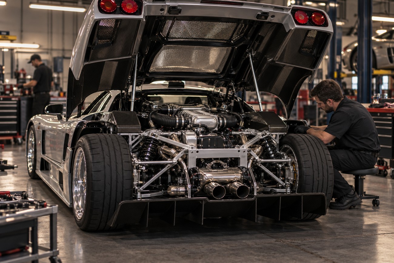 Mechanic working on the exposed engine and rear suspension of a silver Saleen S7 supercar inside a garage