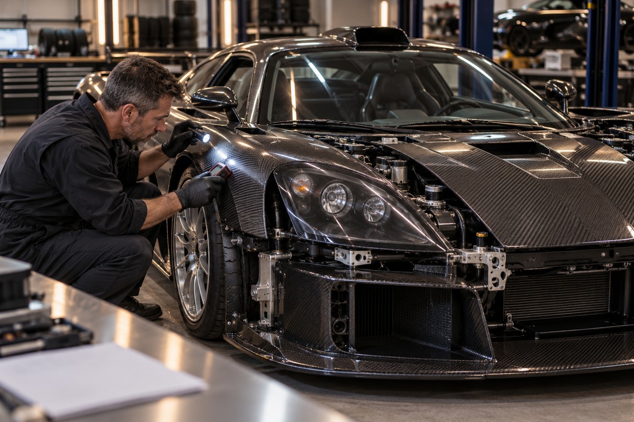 A mechanic in black overalls inspects the carbon fiber fender of a Saleen S7 supercar with a flashlight inside a garage