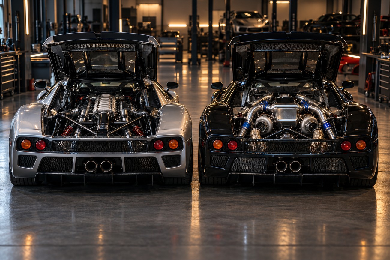 Rear view of a silver and a black Saleen S7 supercar with open engine bays parked inside a modern garage