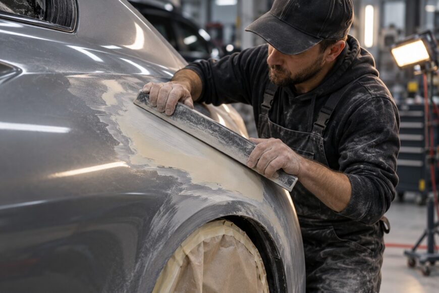 A mechanic in a workshop uses a long sanding block to smooth body filler on a car's grey panel