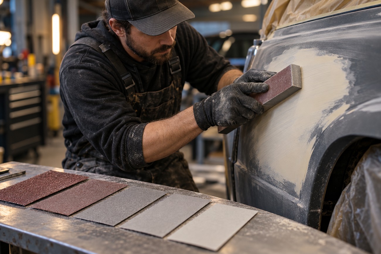 A mechanic in an auto repair shop uses a sanding block to smooth body filler on a car panel